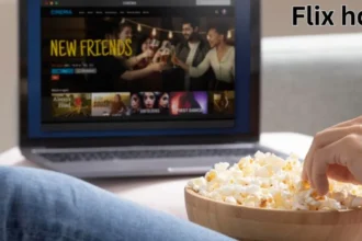a bowl of popcorn in front of a laptop flix hq