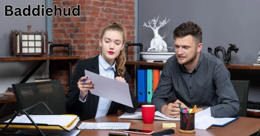 a person and person sitting at a table looking at a piece of paper baddiehud